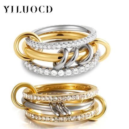 Anel Feminino Empilhável em Aço Inoxidável com Zircônia Cúbica – Banhado a Ouro 18K, Design Multi Elos, Joia Moderna de Destaque