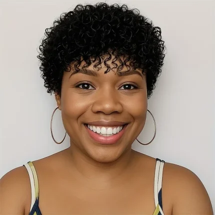 Perucas Peruca Afro Kinky Encaracolada com Franja 4″ em Cabelo Humano Brasileiro Remy – Corte Pixie Máquina Feita para Mulher | Loja dos Cabelos