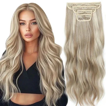 Extensões de cabelo Sintético Extensão de Cabelo Bio Sintético Ondulado 24 Polegadas Ombre Marrom e Loiro 27/613 Cor 816 com Grampo 220g Kit 4 Unidades Resistente ao Calor | Loja dos Cabelos