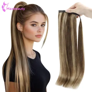 Rabo de Cavalo Extensão de Rabo de Cavalo com Clipe em Cabelo Humano Liso – Aplique com Mechas Mescladas Castanho e Loiro (Cor 4/27) para Mulheres | Loja dos Cabelos