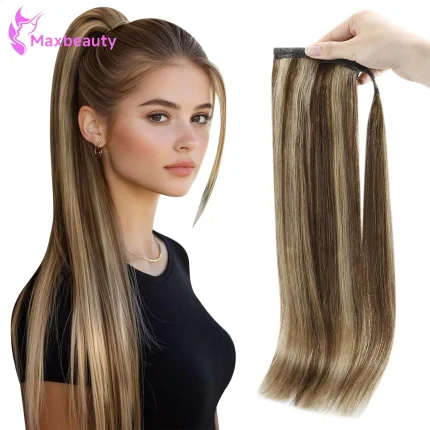 Rabo de Cavalo Extensão de Rabo de Cavalo com Clipe em Cabelo Humano Liso – Aplique com Mechas Mescladas Castanho e Loiro (Cor 4/27) para Mulheres | Loja dos Cabelos