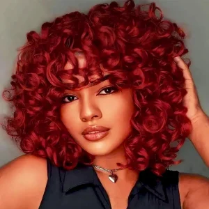Perucas Peruca Afro Curta Encaracolada Vermelha com Franja – Fibra Sintética Natural, Sem Cola, Uso Diário Feminino | Loja dos Cabelos