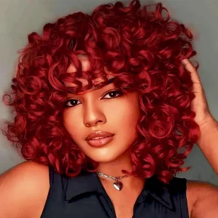 Perucas Peruca Afro Curta Encaracolada Vermelha com Franja – Fibra Sintética Natural, Sem Cola, Uso Diário Feminino | Loja dos Cabelos