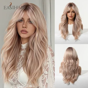 Perucas Peruca Sintética Longa Ombre Marrom com Loiro Rosa, Ondas Naturais, com Franja, Resistente ao Calor, para Uso Diário, Festa e Cosplay | Loja dos Cabelos