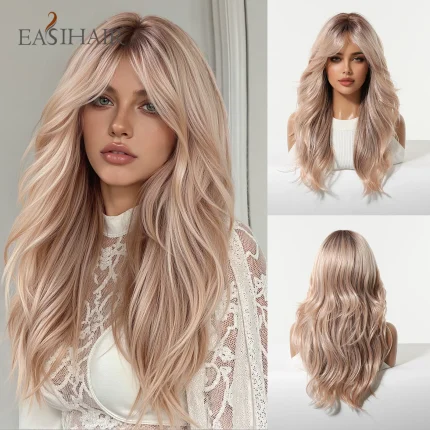 Perucas Peruca Sintética Longa Ombre Marrom com Loiro Rosa, Ondas Naturais, com Franja, Resistente ao Calor, para Uso Diário, Festa e Cosplay | Loja dos Cabelos