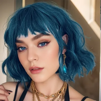 Perucas Peruca Curta Cacheada Azul Natural – Corte Bob Ondulado na Altura dos Ombros com Franja, Cabelo Sintético Resistente ao Calor | Loja dos Cabelos