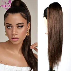 Rabo de Cavalo Kit com 4 Extensões de Rabo de Cavalo 100% Cabelo Humano Liso Castanho com Cordão e Clipe, 100g, 14–22 Polegadas | Loja dos Cabelos