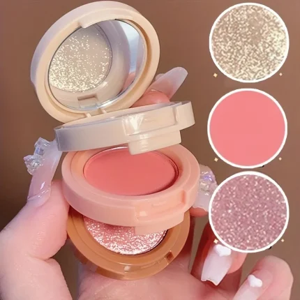 Paleta de Maquiagem 3 em 1 com Blush, Iluminador e Contorno – Acabamentos Fosco e Perolado, Alta Pigmentação