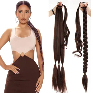 Rabo de Cavalo Extensão de Rabo de Cavalo Trançado Sintético 32″ – Cabelo Postiço Longo Preto ou Marrom com Cordão, Fibra de Alta Temperatura para Mulheres | Loja dos Cabelos