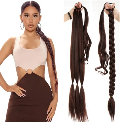 Rabo de Cavalo Extensão de Rabo de Cavalo Trançado Sintético 32″ – Cabelo Postiço Longo Preto ou Marrom com Cordão, Fibra de Alta Temperatura para Mulheres | Loja dos Cabelos