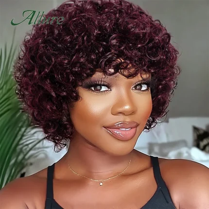 Perucas Peruca Curta 10 Polegadas de Cabelo Humano Encaracolado Estilo Jerry Afro com Franja – Cor Marrom, Feminina | Loja dos Cabelos