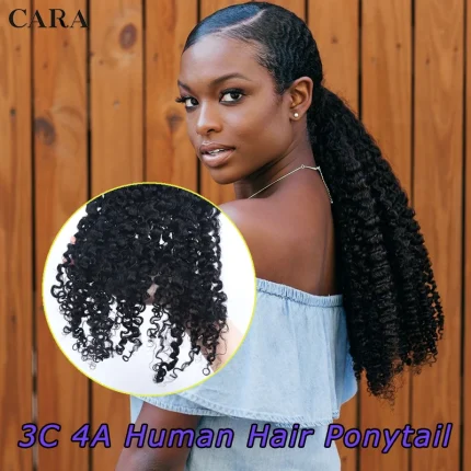 Rabo de Cavalo Extensão Afro Cacheada Clip-in de Cabelo Humano com Cordão para Rabo de Cavalo, Textura 3C/4A, Cabelo Mongol para Mulheres | Loja dos Cabelos