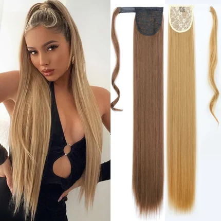Rabo de Cavalo Extensão de Rabo de Cavalo Longo Liso com Clipe e Faixa Envolvente, Cabelo Sintético Resistente ao Calor Loiro e Castanho para Mulheres (22–34″) | Loja dos Cabelos