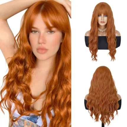 Perucas Peruca Sintética Laranja Longa 28 Polegadas Ondulada Estilo Onda Molhada com Franja – Peruca Feminina para Cosplay, Carnaval e Festas | Loja dos Cabelos