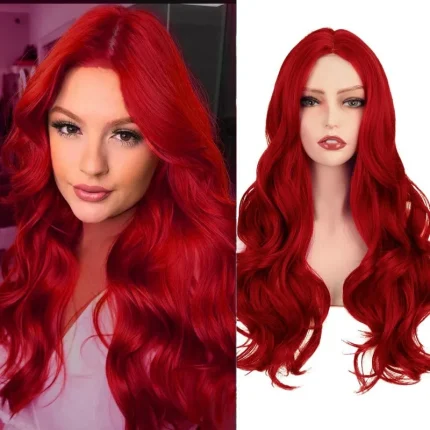 Perucas Peruca Feminina Longa Vermelha Ondulada e Encaracolada com Franja – Cabelo Sintético Resistente ao Calor para Uso Diário e Cosplay | Loja dos Cabelos