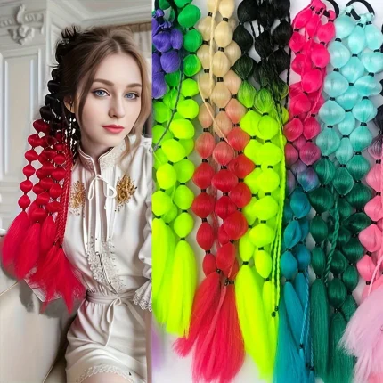 Rabo de Cavalo Extensão de Rabo de Cavalo Trança Bolha Colorida Longa com Laço – Aplique de Cabelo Sintético para Mulheres | Loja dos Cabelos