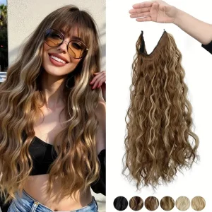 Extensões de cabelo Sintético Extensão de Cabelo Sintético 18 Polegadas com Fio Invisível (Linha de Pesca) Ondulado e Encaracolado Preto ou Loiro para Mulheres | Loja dos Cabelos