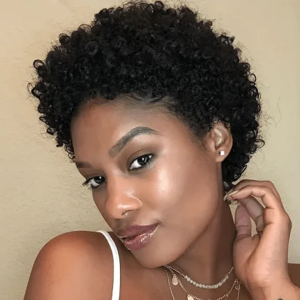 Perucas Peruca Curta Pixie Afro Cacheado Jerry de Cabelo Humano Brasileiro Preto Natural Peruca Completa Feminina | Loja dos Cabelos