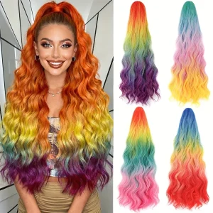 Rabo de Cavalo Rabo de Cavalo Sintético 24″ Ombré Arco-Íris Ondulado com Presilha para Cosplay | Loja dos Cabelos