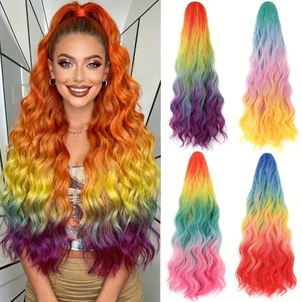 Rabo de Cavalo Rabo de Cavalo Sintético 24″ Ombré Arco-Íris Ondulado com Presilha para Cosplay | Loja dos Cabelos
