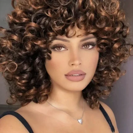 Perucas Peruca Curta Ombre Marrom Encaracolada com Franja para Mulheres – Cabelo Sintético Macio Sem Cola | Loja dos Cabelos