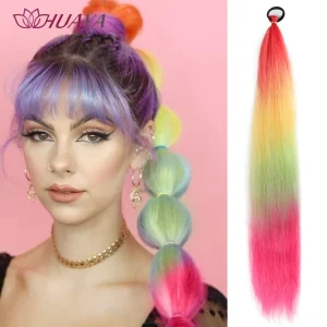 Rabo de Cavalo Extensão de Rabo de Cavalo Sintético 26″ Ombré Colorido com Elástico para Trança DIY Uso Diário e Festas | Loja dos Cabelos