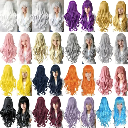 Perucas Peruca Longa de Cabelo Sintético para Cosplay com Franja – Estilo Lolita Cacheado nas Cores Branco, Roxo, Cinza ou Preto com Rosa para Mulheres | Loja dos Cabelos