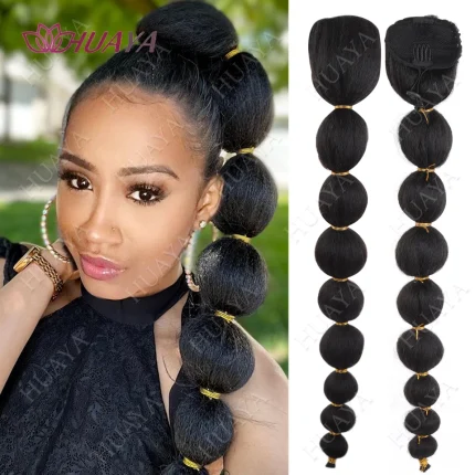 Rabo de Cavalo Extensão Rabo de Cavalo Afro Puff Feminino 22 Polegadas Longo com Cordão Ajustável em Fibra Sintética – Trança Bolha Preta | Loja dos Cabelos
