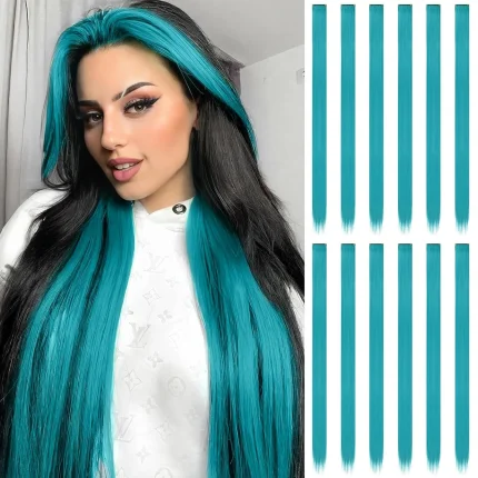 Extensões de cabelo Sintético Kit com 12 Extensões de Cabelo Azul Cerceta com Presilha – Mechas Coloridas Sintéticas Retas de 55 cm para Meninas e Festas | Loja dos Cabelos