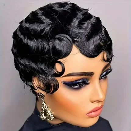 Perucas Peruca Curta Pixie de Cabelo Humano Ondas Finger Wave Marrom Natural para Mulheres | Loja dos Cabelos