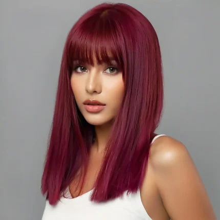 Perucas Peruca Sintética Longa Lisa Vinho com Franja – Fibra Premium Natural e Elegante para Mulheres | Loja dos Cabelos