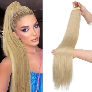 Rabo de Cavalo Extensão de Rabo de Cavalo Longo e Liso 28 Polegadas – Cabelo Sintético Loiro ou Castanho com Faixa Elástica para Uso Diário Feminino | Loja dos Cabelos