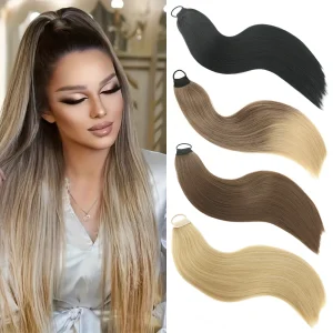 Extensões de cabelo Sintético Extensão de Cabelo Sintético Longo e Liso 24″ com Faixa Elástica – Rabo de Cavalo Feminino Preto ou Marrom | Loja dos Cabelos