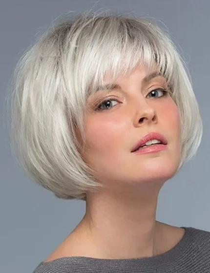 Perucas Peruca Feminina Curta Reta Sintética Ombre Branco com Loiro, Corte Bob com Franja – HAIRJOY | Loja dos Cabelos
