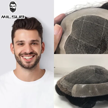 Perucas Peruca Masculina de Cabelo Humano Indiano Liso com Base de Renda – Sistema de Prótese Capilar Natural para Homens | Loja dos Cabelos