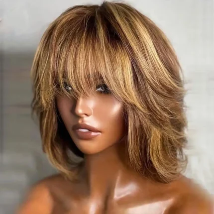 Perucas Peruca Bob Curto Ondulado com Franja Cabelo Humano Loiro Mel com Mechas Base Frontal de Renda Corte em Camadas | Loja dos Cabelos