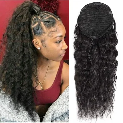 Rabo de Cavalo Extensão de Rabo de Cavalo em Cabelo Humano Natural Preto Ondulado com Cordão Ajustável e Presilha 100% Natural | Loja dos Cabelos