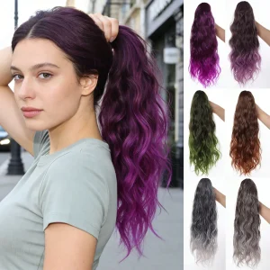 Rabo de Cavalo Extensão de Rabo de Cavalo Ondulado Sintético 50 cm com Presilha Ombré Preto ao Roxo para Mulheres e Meninas | Loja dos Cabelos