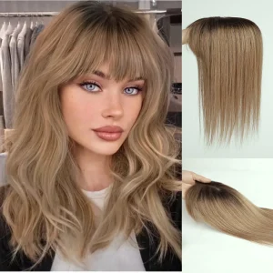 Perucas Topper Feminino de Cabelo Humano Remy 100% 14” Castanho Ombré Liso com Base de Seda e Franja – Extensão Clip-in para Topo Ralo | Loja dos Cabelos