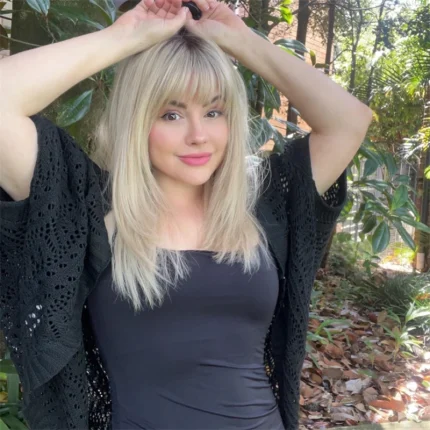 Perucas Peruca Bob Curto Loiro Acinzentado com Franja Cabelo Humano Liso Lace Front Sem Cola | Loja dos Cabelos