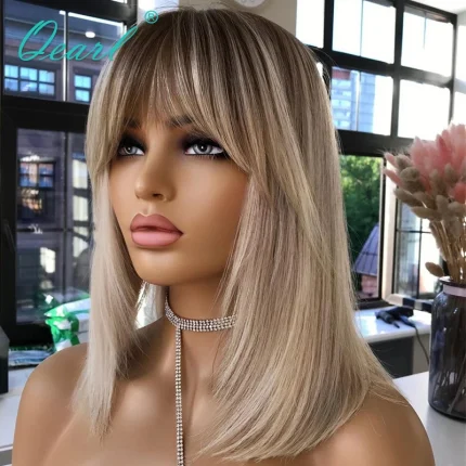 Perucas Peruca Bob Curto Liso Brasileiro Loiro Acinzentado Ombré com Franja Lace Front Sem Cola | Loja dos Cabelos