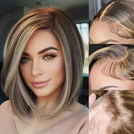 Perucas Peruca de Cabelo Humano Marrom com Luzes Loiro Chocolate – Corte Pixie Bob Curto Liso, Lace Frontal 13×4 com Efeito Natural | Loja dos Cabelos