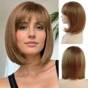 Perucas Peruca Sintética Bob Curta 13 Polegadas, Marrom Mesclado, Cabelo Natural Macio com Franja, Peruca Feminina para Substituição Capilar | Loja dos Cabelos