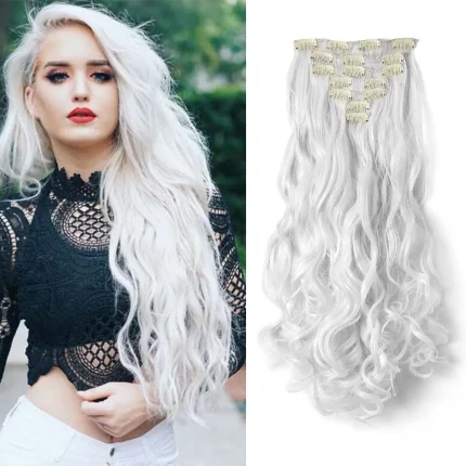 Extensões de cabelo Sintético Extensão de Cabelo Sintético Branco 22″ Ondulado Longo com 7 Peças e 16 Presilhas (Clip-In) | Loja dos Cabelos