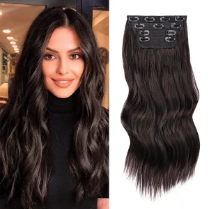 Extensões de cabelo Sintético Aplique de Cabelo Ondulado Longo com Presilha, Fibra Sintética Marrom Escuro, Trama Dupla, Kit com 4 Peças para Mulheres | Loja dos Cabelos