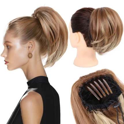 Extensões de cabelo Sintético Coque de Cabelo Sintético Curto com Pente e Cordão – Rabo de Cavalo Marrom com Luzes Loiro, Penteado Preso (Updo) Natural e Prático | Loja dos Cabelos