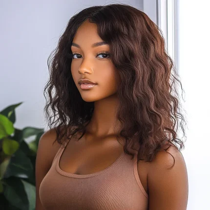 Perucas Peruca Bob Curta de Cabelo Humano Brasileiro Ondulado (Onda Natural), Cor Marrom, Densidade 180%, Pronta para Uso, Confeccionada à Máquina para Mulheres | Loja dos Cabelos