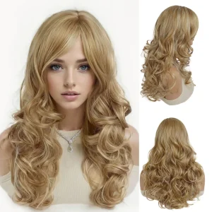 Perucas Peruca Sintética Longa Cacheada 20 Polegadas, Loiro Mesclado, Ondulado Natural com Franja para Mulheres, Ideal para Festa e Cosplay | Loja dos Cabelos