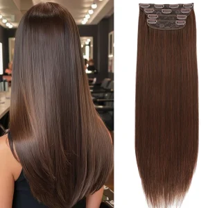 Extensões de cabelo Sintético Kit com 4 Extensões de Cabelo com Presilha 24” 200g Sintético Resistente ao Calor Liso Pontas Cheias Cor Castanho com Mechas Loiro para Mulheres | Loja dos Cabelos