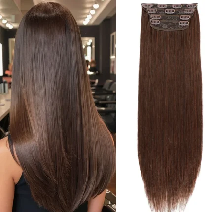 Extensões de cabelo Sintético Kit com 4 Extensões de Cabelo com Presilha 24” 200g Sintético Resistente ao Calor Liso Pontas Cheias Cor Castanho com Mechas Loiro para Mulheres | Loja dos Cabelos